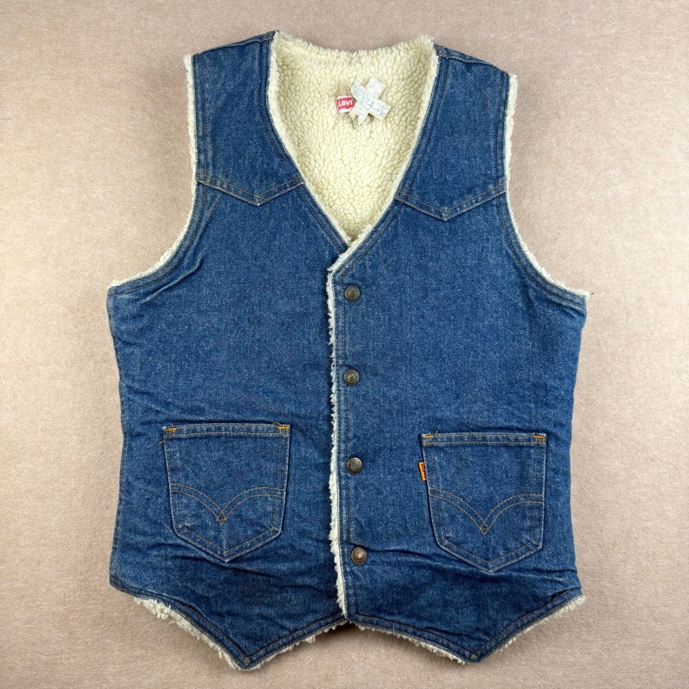 Vintage Levi's Orange Tab Sherpa Lined Denim Vest Small Made USA Button Front